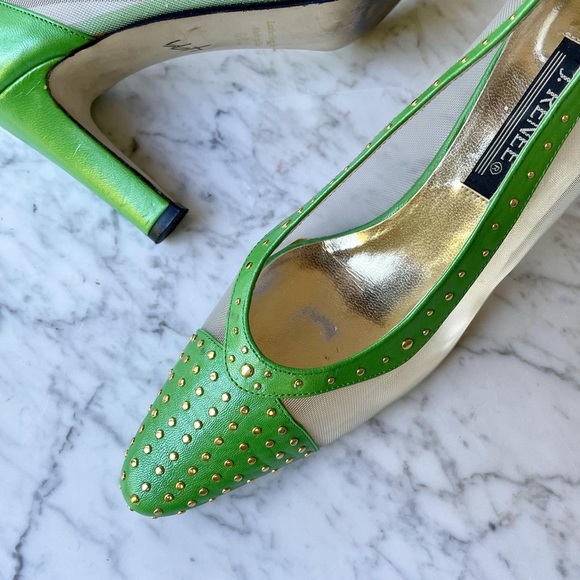 Vintage 1980s Studded Leather and Mesh Lime Green Heels - Picture 2 of 5